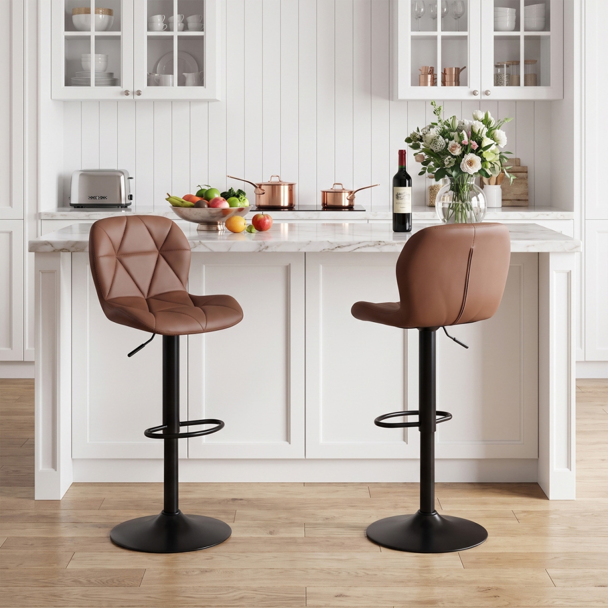 JV14961BN-2 Upholstered Swivel Bar Stools with Adjustable Height & Curved Backs - Brown - Set of 2