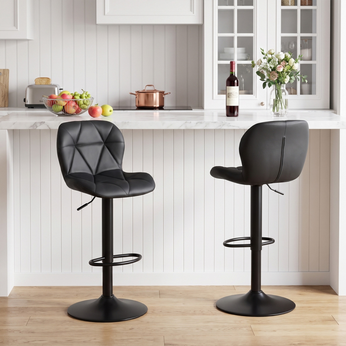 JV14961DK-2 Upholstered Swivel Bar Stools with Adjustable Height & Curved Backs - Black - Set of 2
