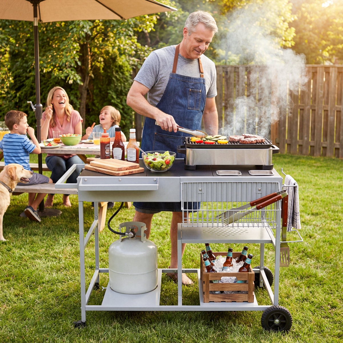 NP12395DK Movable Grill Table with 2 Spice Containers & Station for Backyard & BBQ - Black