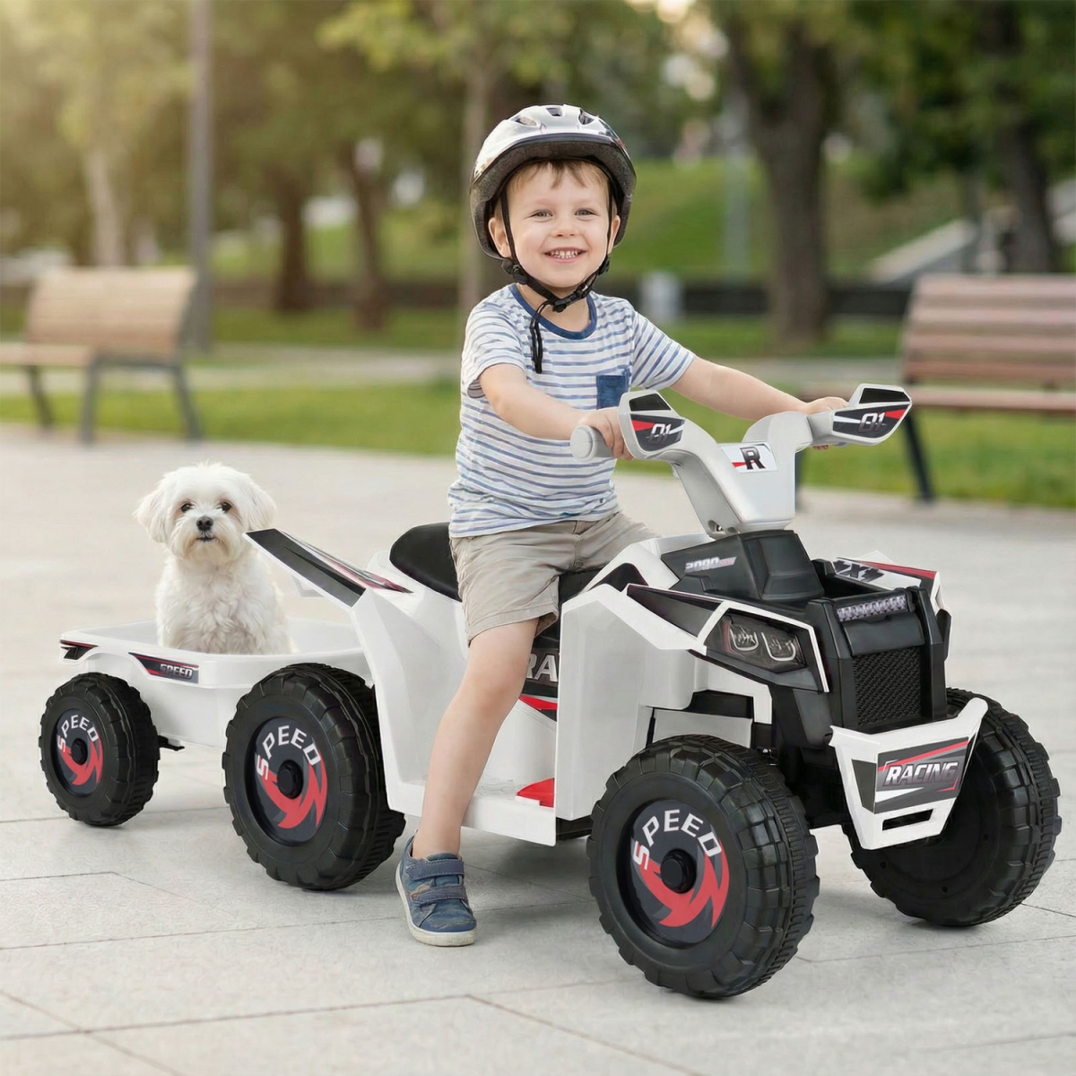 TQ10470US-BS 6V Kids Electric ATV Quad Car with Detachable Trailer - White