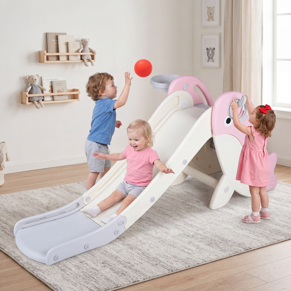 TY357496PI Foldable Freestanding Baby Slide Climber Playset with Basketball Hoop for Kids - Pink