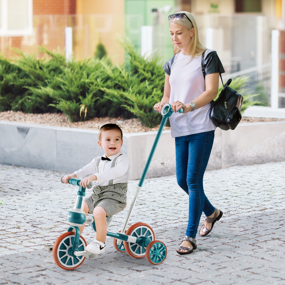 TS10070GN 4-in-1 Kids Tricycle with Adjustable Parent Push Handle for 2-4 Years Old - Green