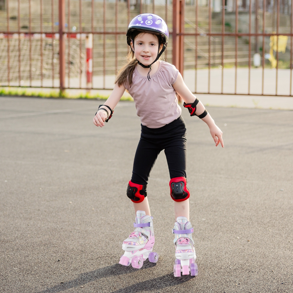 TS10300PI Kids Roller Skates 4 Sizes Adjustable Quad Skates with Light-Up Wheels - Pink