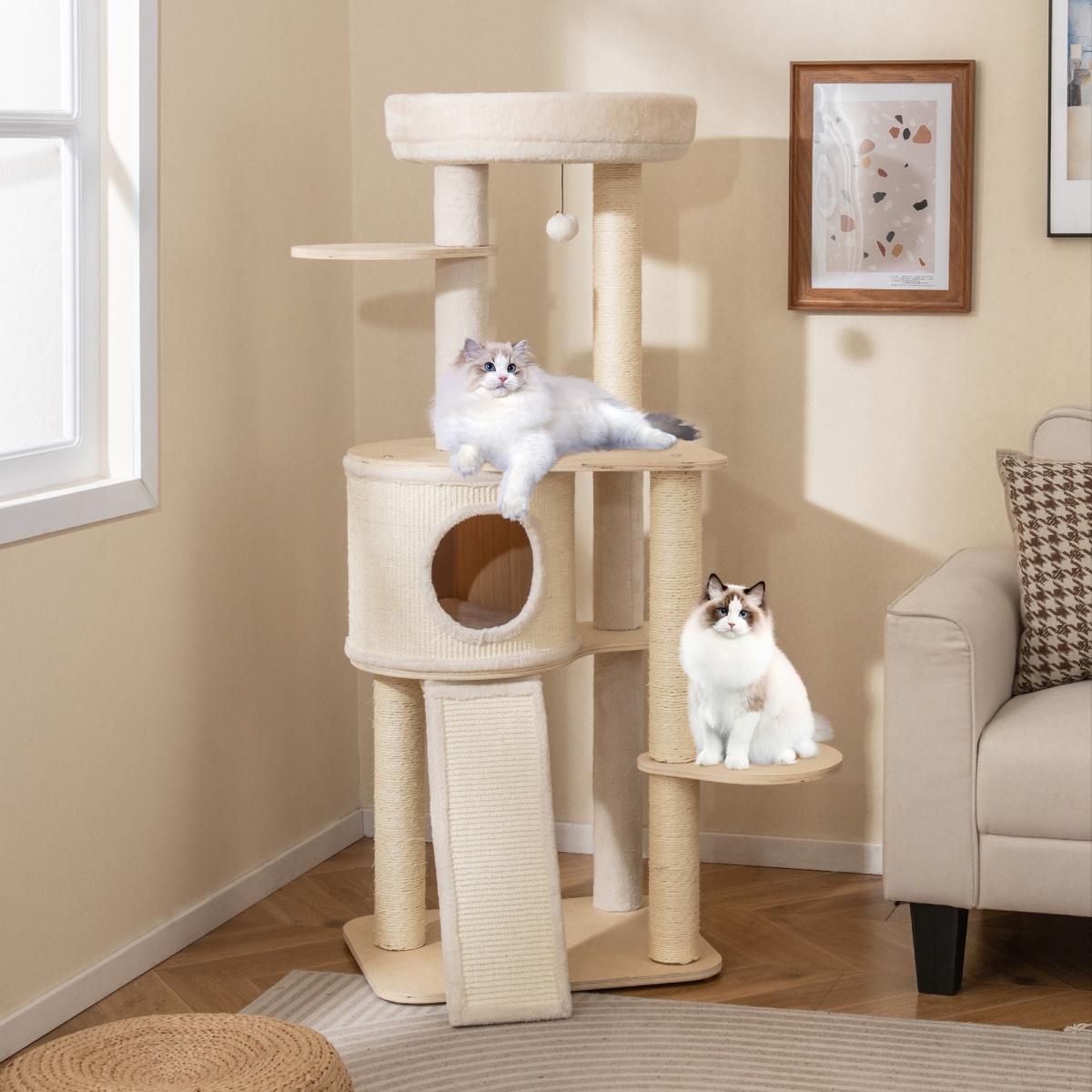 PV10352NA 56 in. Tall Cat Tree with 2 Sisal Scratching Posts & Ladder - Natural