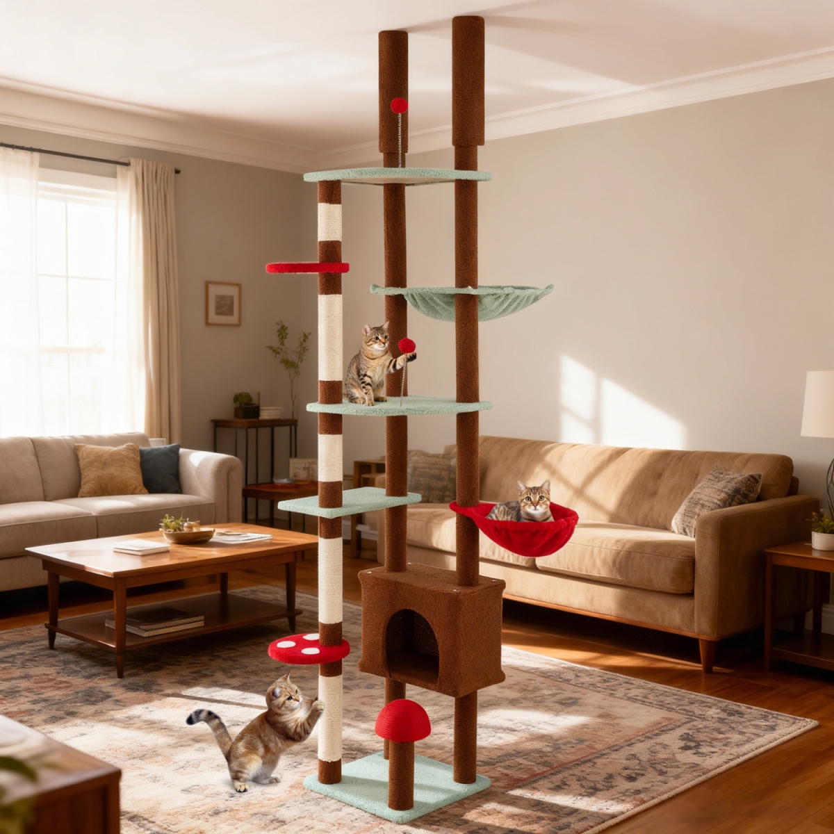 PV10463CF Floor to Ceiling Cat Tree Adjustable Mushroom Themed with Condo & Hammock - Brown