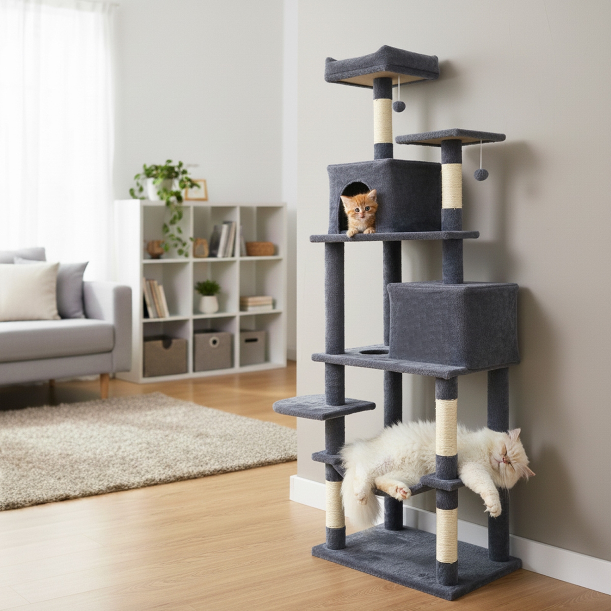 PV10487GR Multi-Level Cat Tree Modern Cat Tower with Upholstered Perch & 2 Cat Condo - Dark Gray