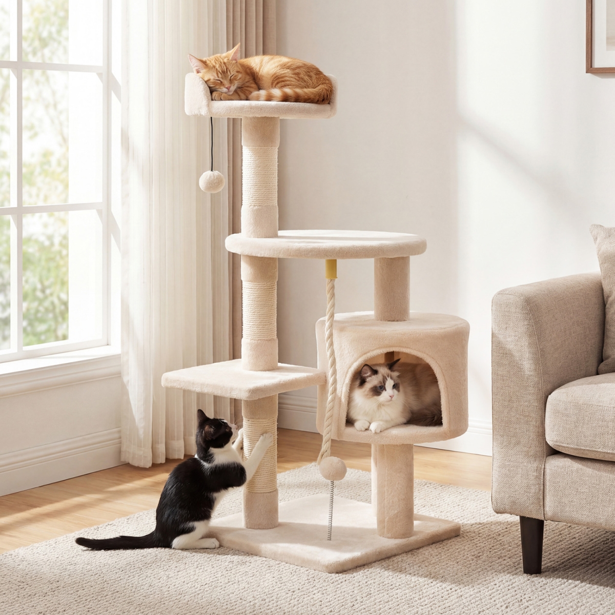 PV10503BE 36 in. Tall Kitten Tower with Condo & Plush Perch - Beige