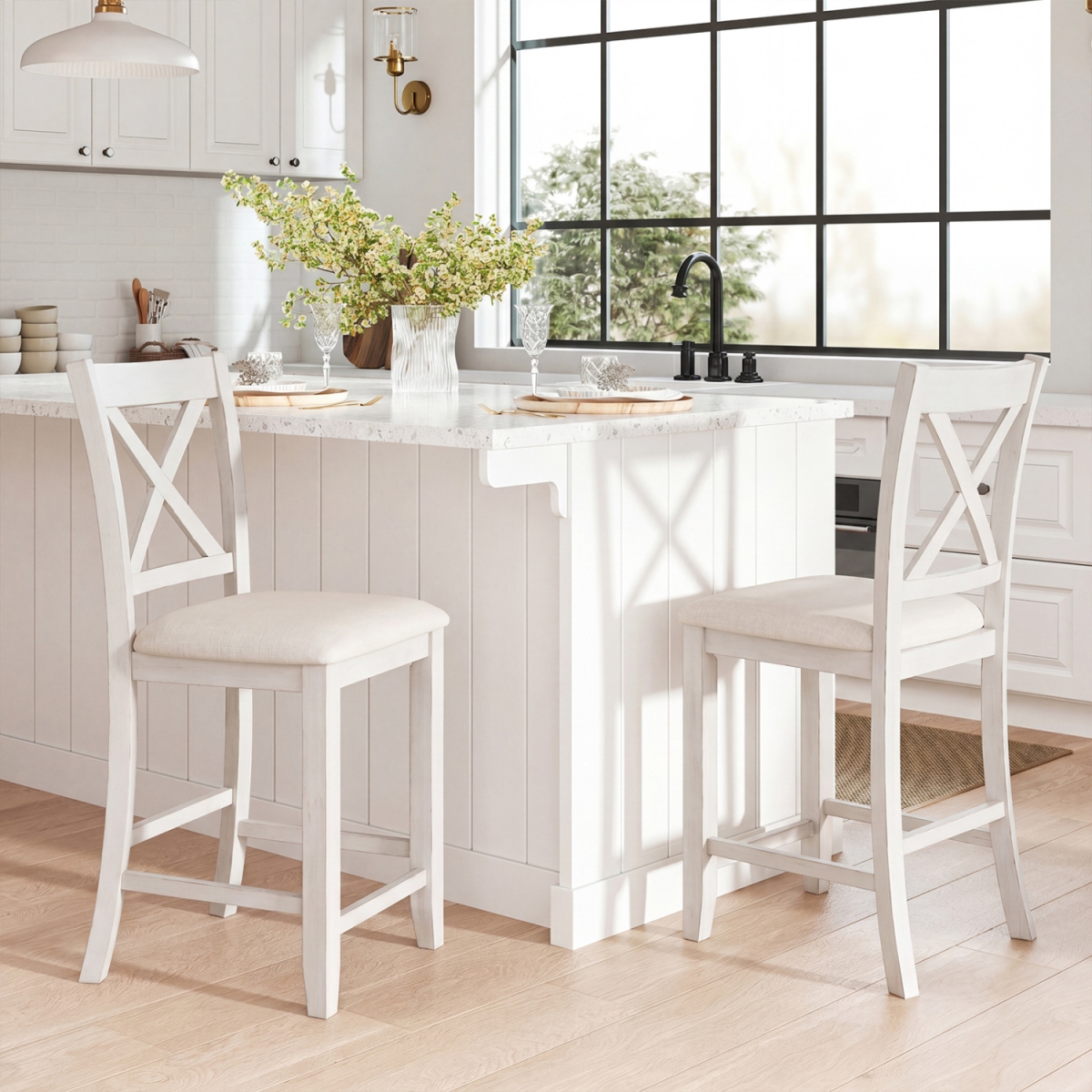 JV12665BS-2 Modern Farmhouse Counter Height Stools with Footrest & Cushion - White