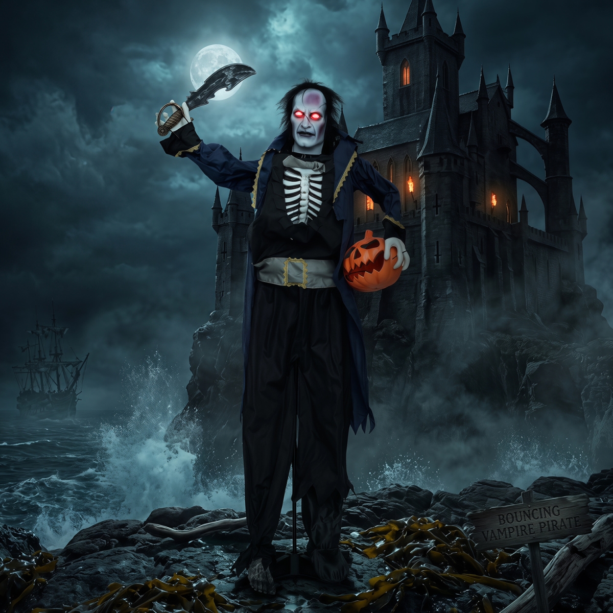 CM25541 6 ft. Animated Halloween Vampire Pirate Decoration with Pop-Up Head - Dark Blue