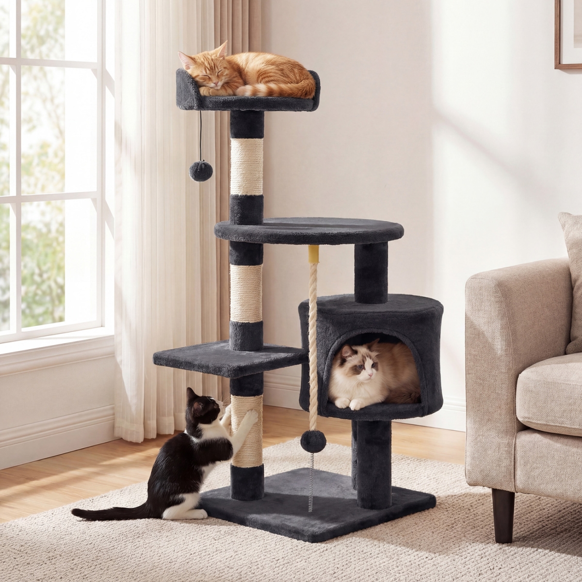 PV10503HS 36 in. Tall Kitten Tower with Condo & Plush Perch - Dark Gray