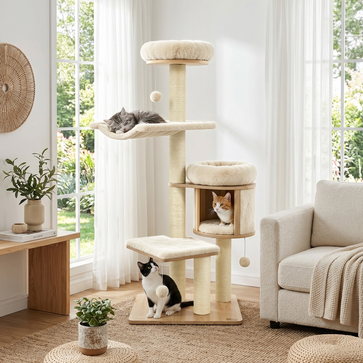 PV10599BE 55 in. Solid Rubber Wood Cat Tree with Condo & Hammock & Scratching Posts for Adult Cats - Beige