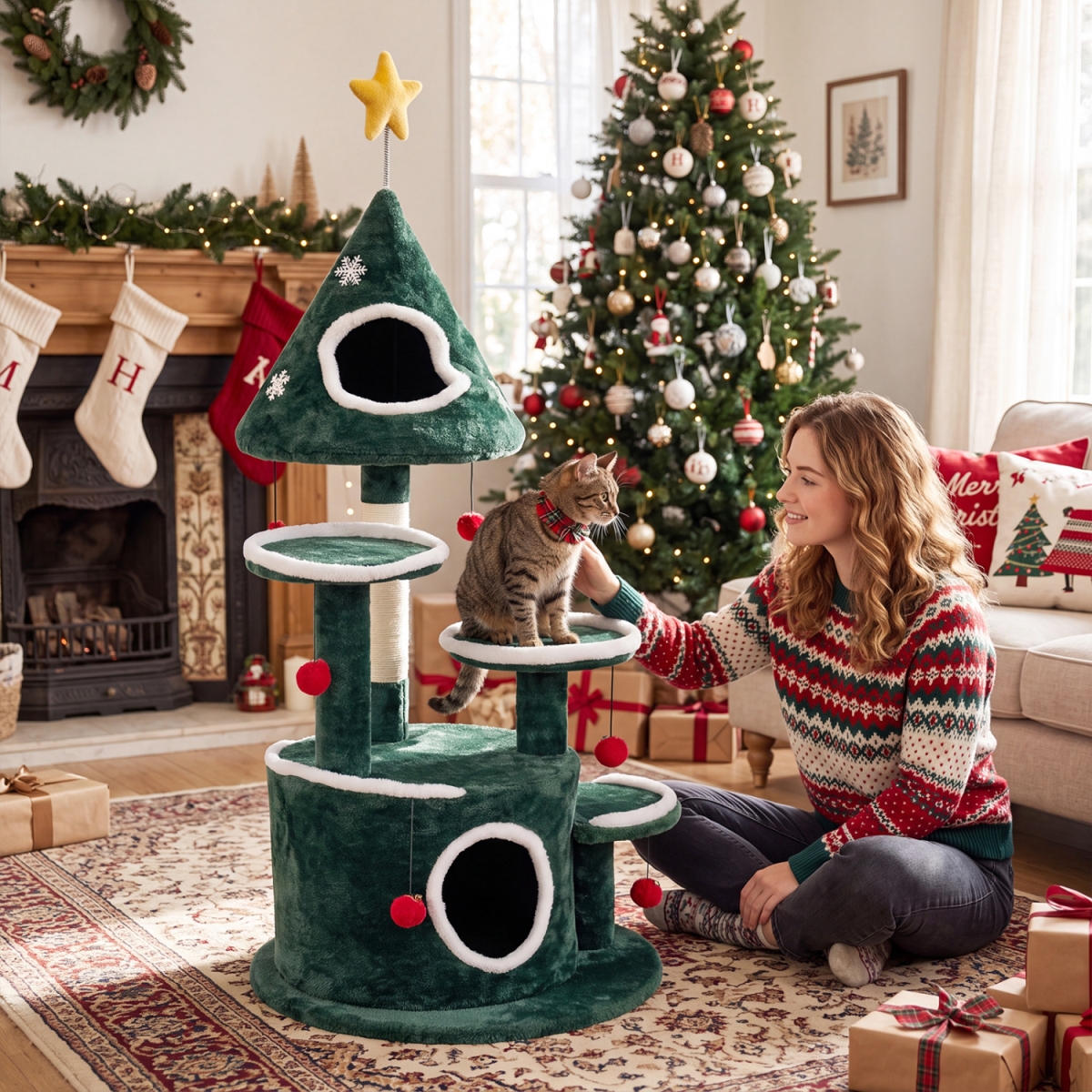 PV10631GN 50 in. Christmas Cat Tree with 2 Condos & Sisal Scratching Post - Green