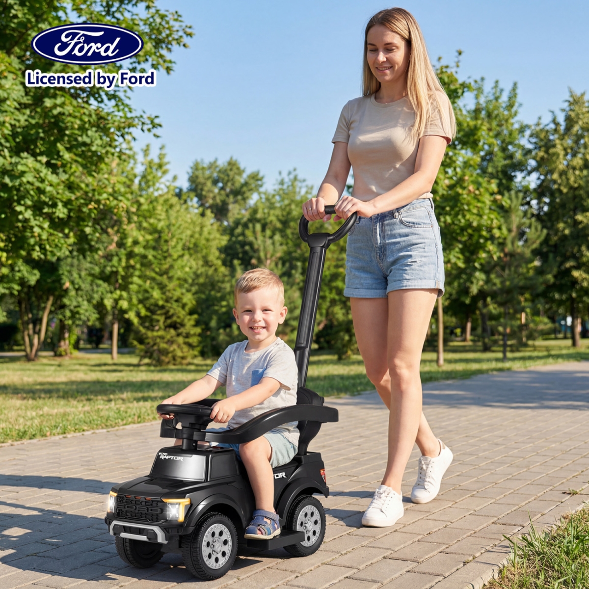 TQ10539DK 3-in-1 Licensed Ford Push Car for Toddlers - Black