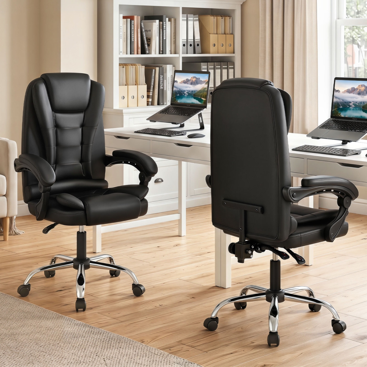 CB11292DK Big High Back Executive Chair with Linkage Armrests & Leather Padded Seat for Office - Black