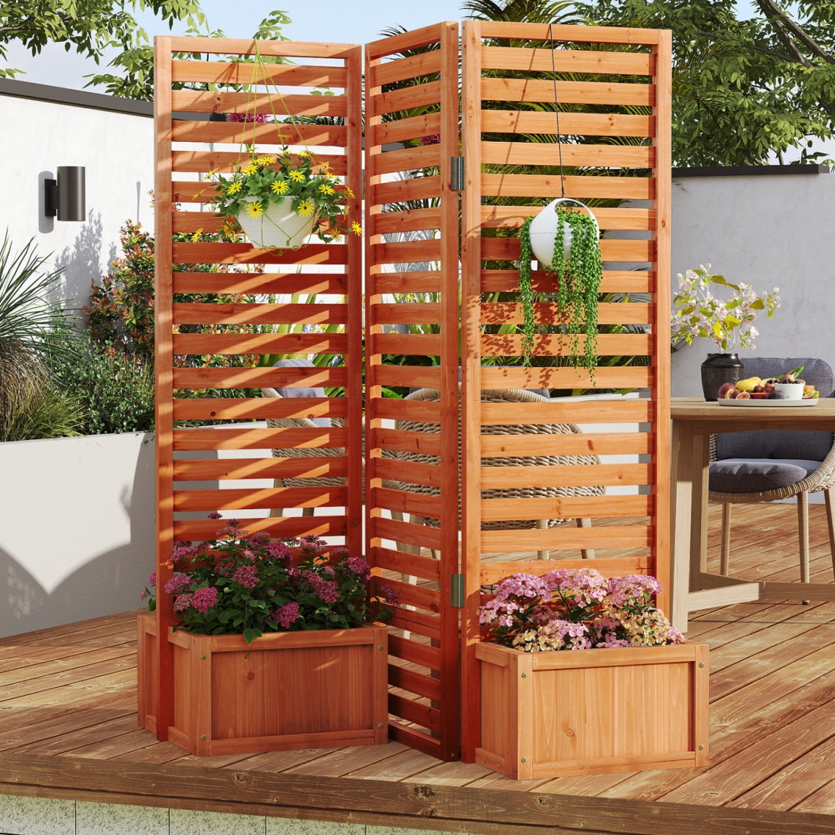 NP12723YW 3-Panel Solid Wood Frame Freestanding Garden Fence with 2 Self-Draining Planter Boxes - Yellow