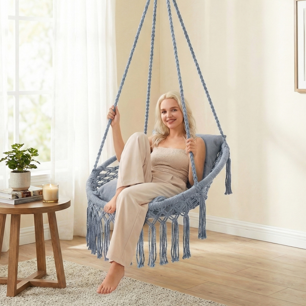 NP13235GR Macrame Swing Chair Hammock Chair with 2 Removable Cushions - Gray