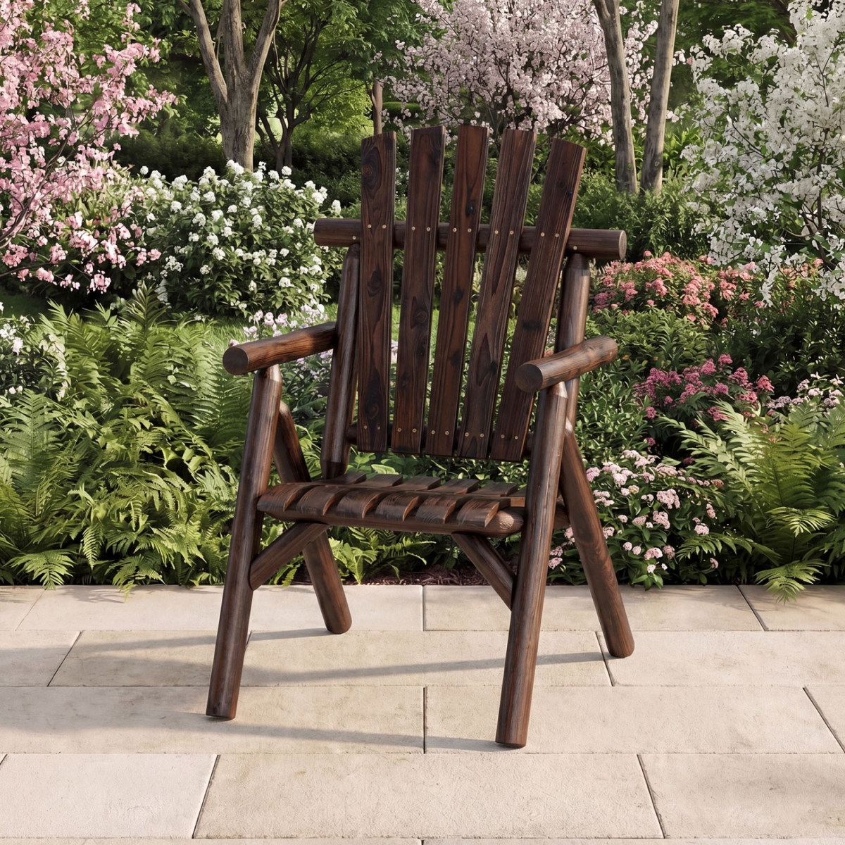 NP13279BN Log Wood Patio Chair with Slatted Backrest for Deck Backyard - Brown