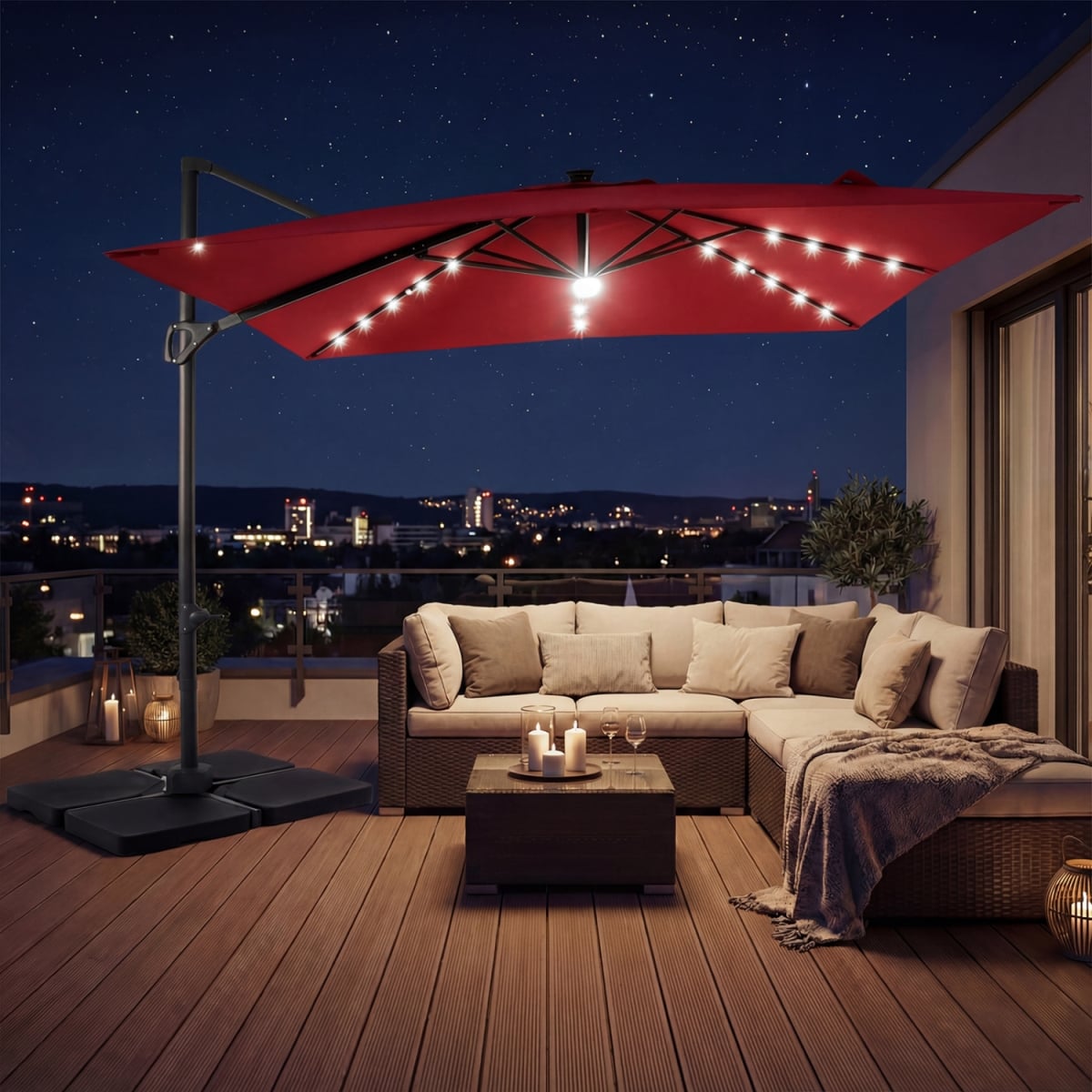 NP13285WN-NP12183 10 ft. Cantilever Patio Umbrella with 32 Solar LED Lights & 220 lbs Base - Red