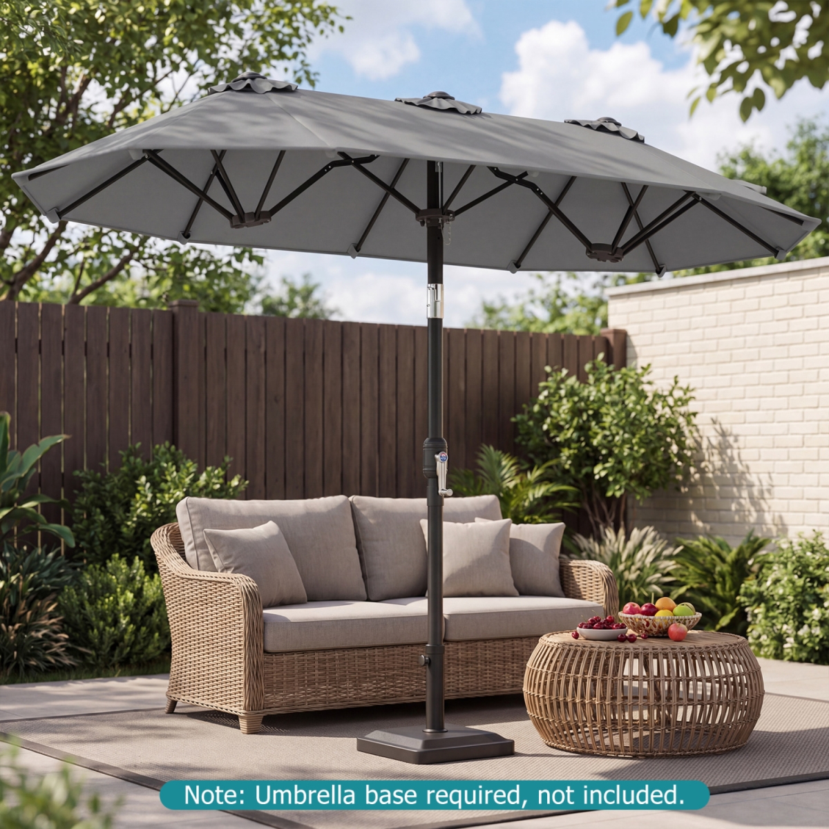 NP13306GR Double-Sided Patio Umbrella with Push Button Tilt Crank Handle - Gray
