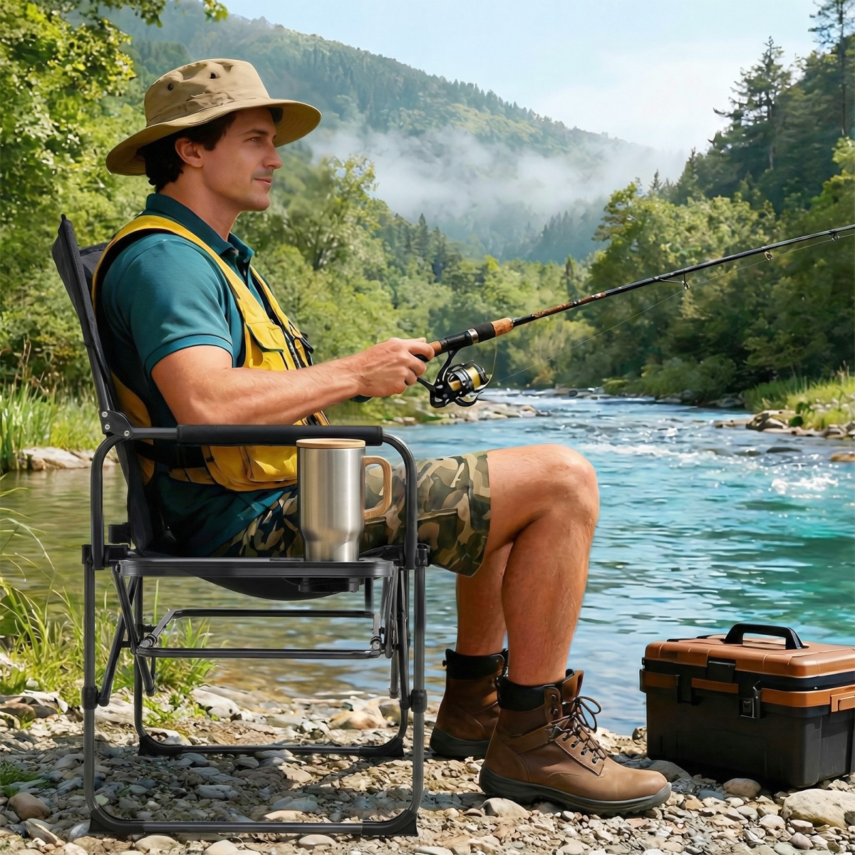 NP12986GR Folding Camping Chair with Side Table & Cup Holder with Carrying Bag - Black & Gray
