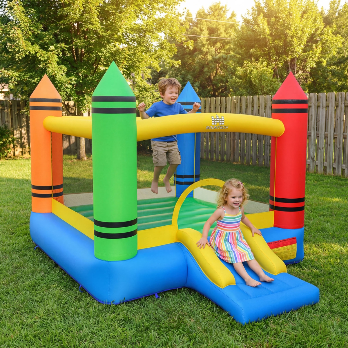 NP13009US Inflatable Bounce House 2-in-1 Crayon Themed Kids Bouncer with 550W Blower - Multi Color