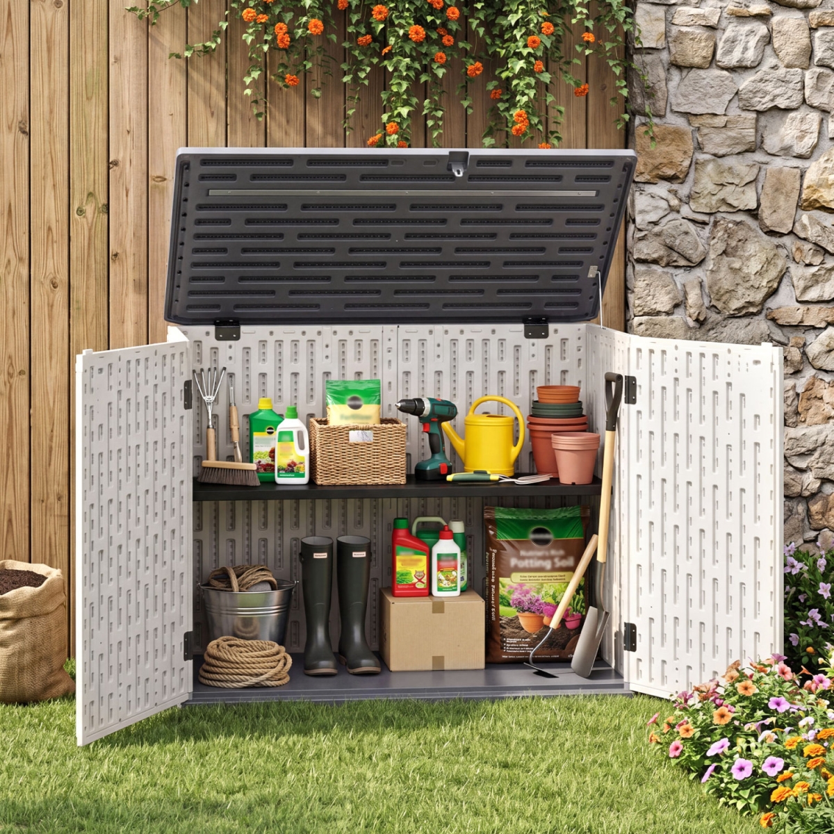 NP13030WH 20 Cu ft. Horizontal Resin Storage Shed with Adjustable Shelf - White