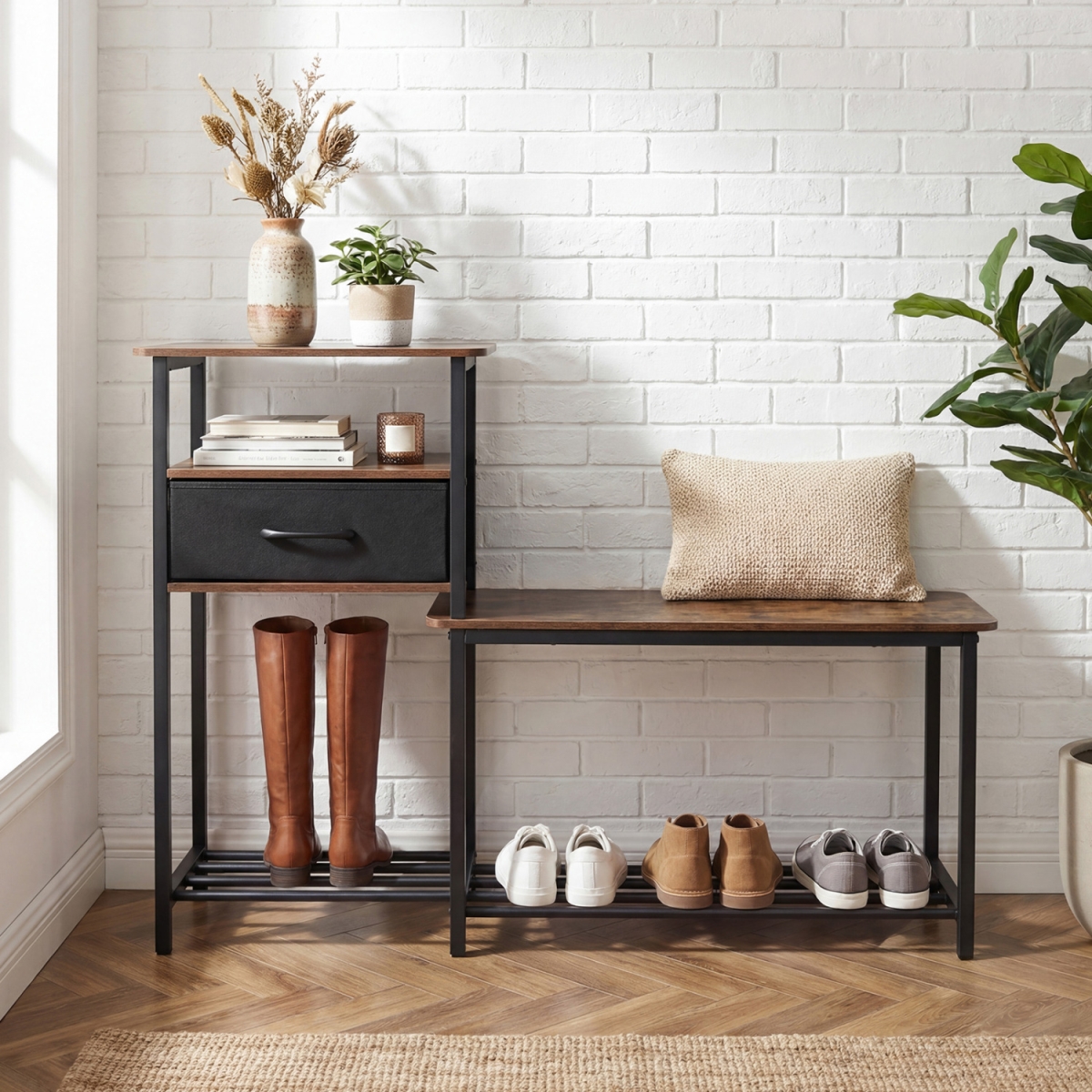 JV14153CF 3-Tier Shoe Storage Rack Bench with Drawer & Metal Frame - Rustic Brown
