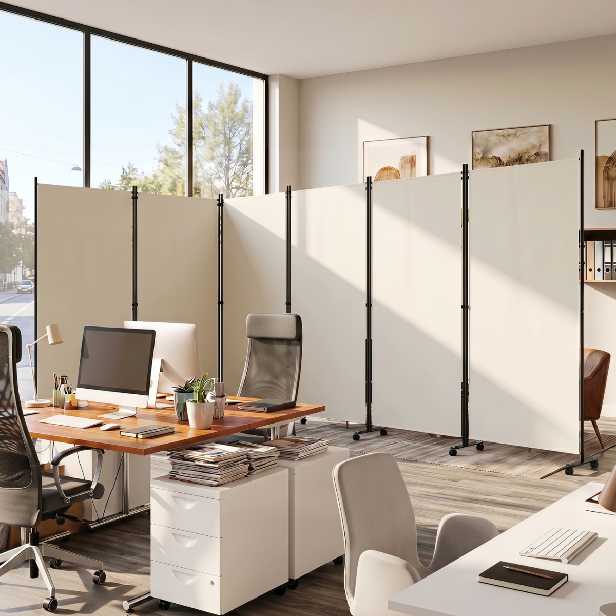 JV14585WH 6 Panel Folding Privacy Screen Room Divider with Wheels - White