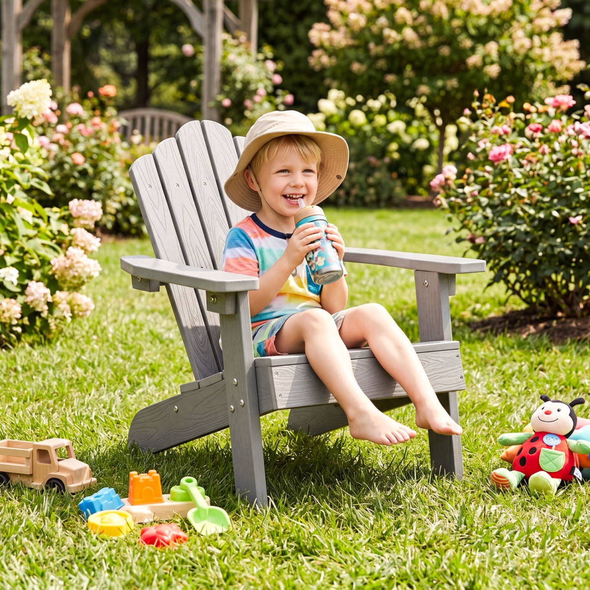 NP13592SL-1 Kids Adirondack All-Weather Outdoor Chair for Children with Tilted High Backrest - Gray