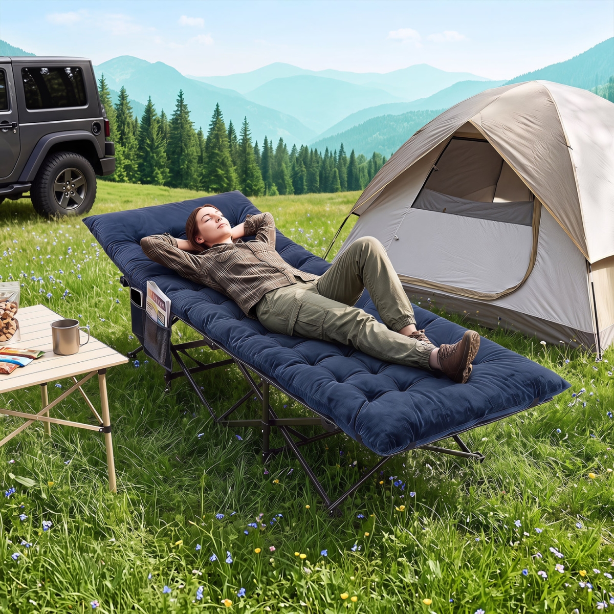 NP13746NY Camping Cot for Adults with Soft Padded Mat & Carrying Bag - Navy