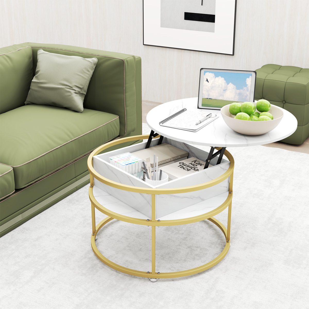 JV11826WH 31.5 in. Round Lift Top Coffee Table with Hidden Compartment & Side Shelves - White