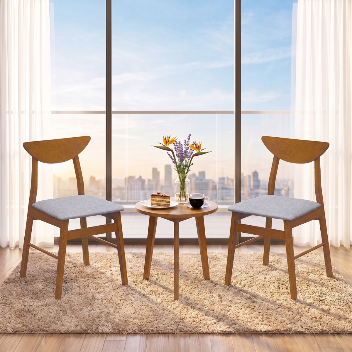 KC59706WN-2 Upholstered Dining Chairs with Curved Backrest & Rubber Wood Frame - Walnut - Set of 2