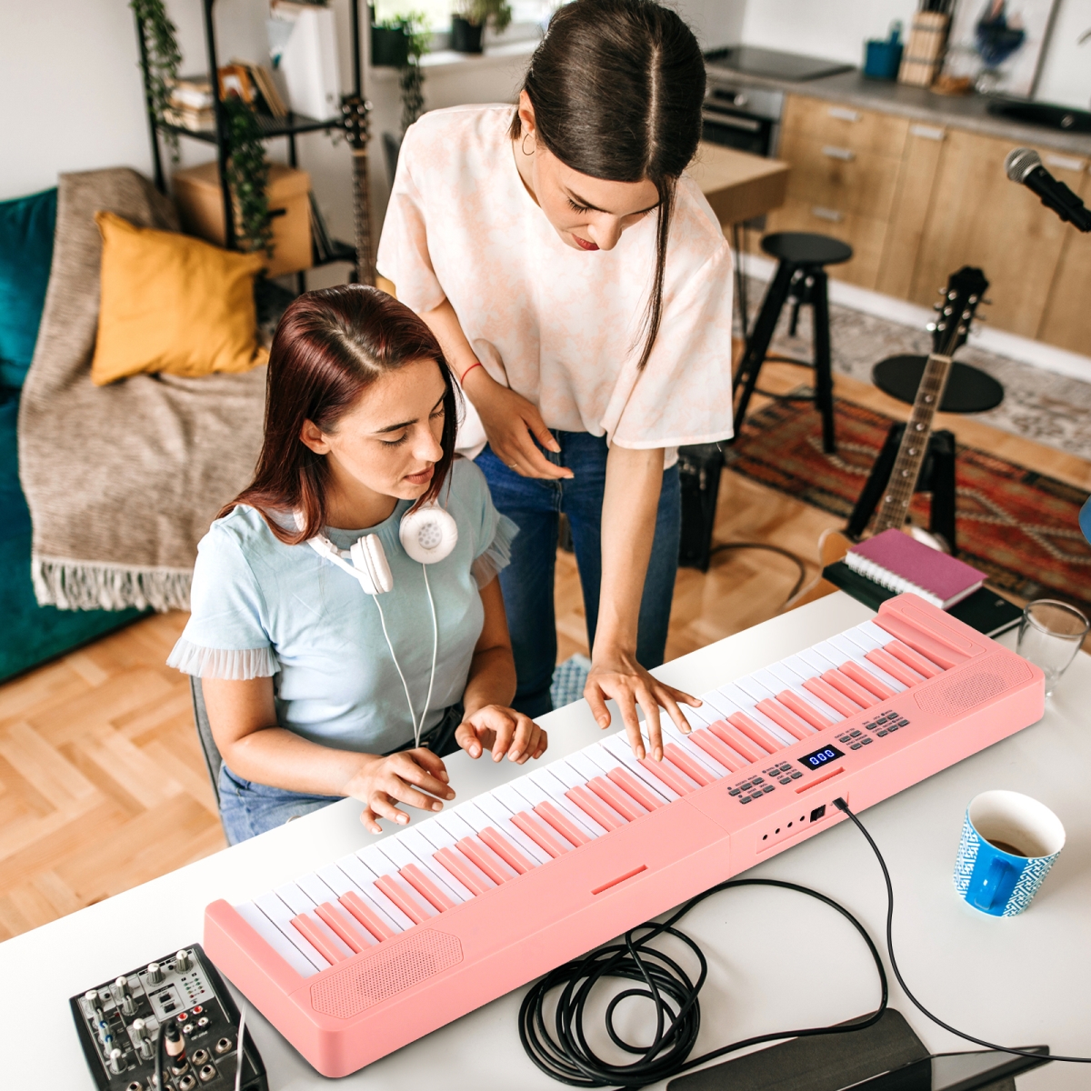 MU10136US-PI 61-Key Foldable Piano Keyboard Full-Size Electronic Keyboard with MIDI & Split Function - Pink