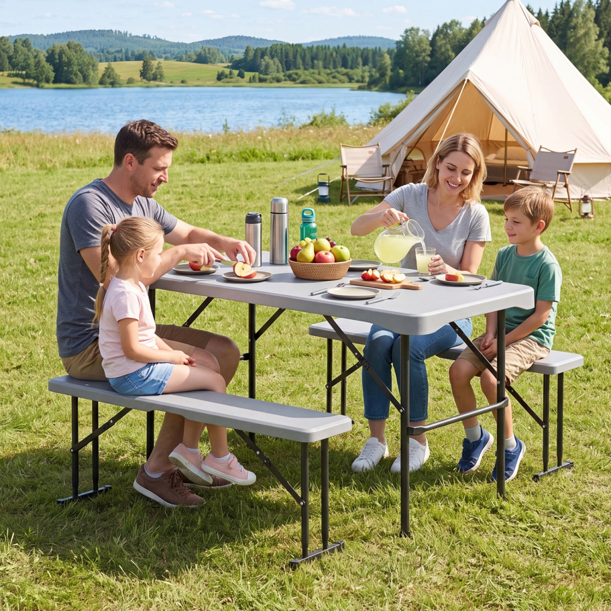 NP13759GR 44 in. HDPE Folding Picnic Table Set with 2 Benches - Gray