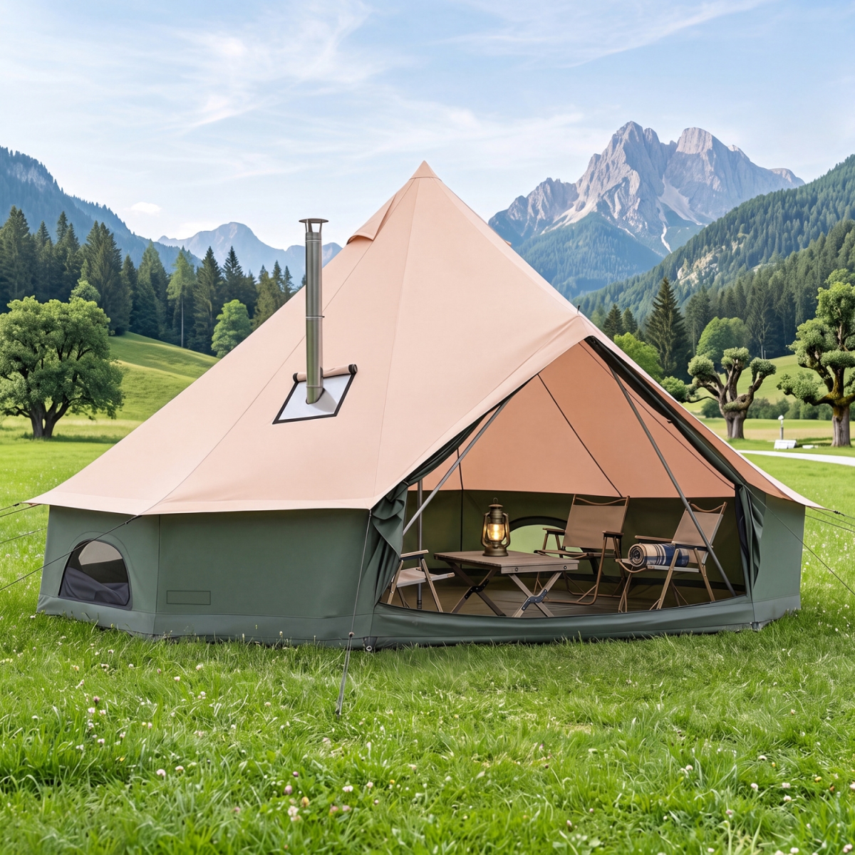 NP13894CF-M Waterproof Bell Tent with Stove Jack Accommodates & Mesh Windows Doors - Green - Medium
