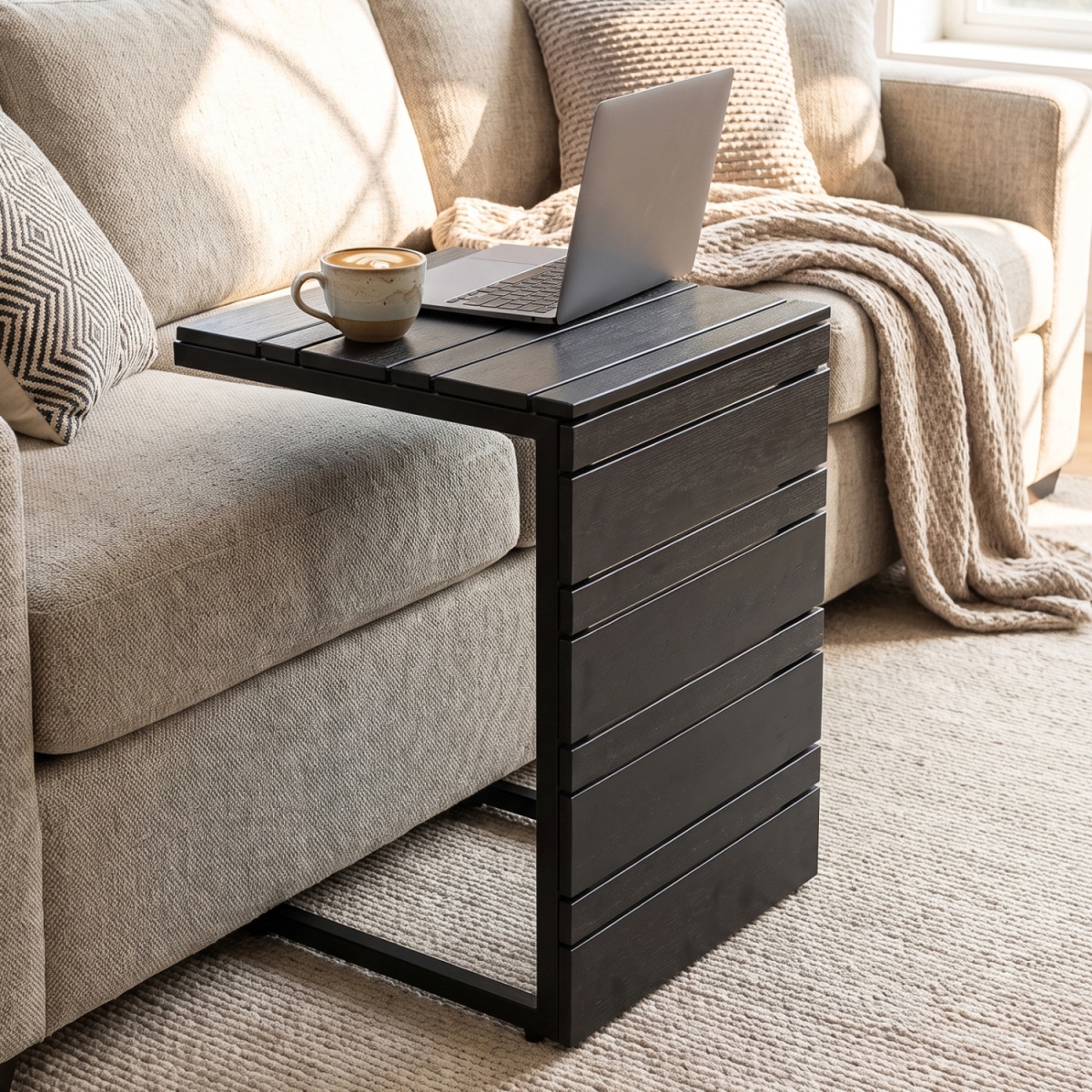 NP13910DK-2 Space-Saving C-Shaped Side Table with Wood-Plastic Top - Black - Set of 2