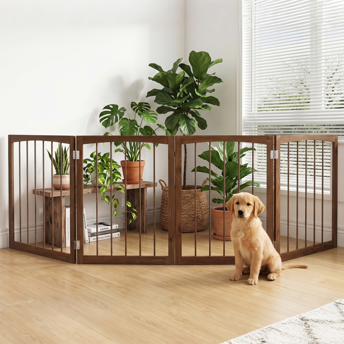 PS7908BN 83 x 30 in. Dog Gate 4-Panel Wooden Pet Fence for Indoor - Brown