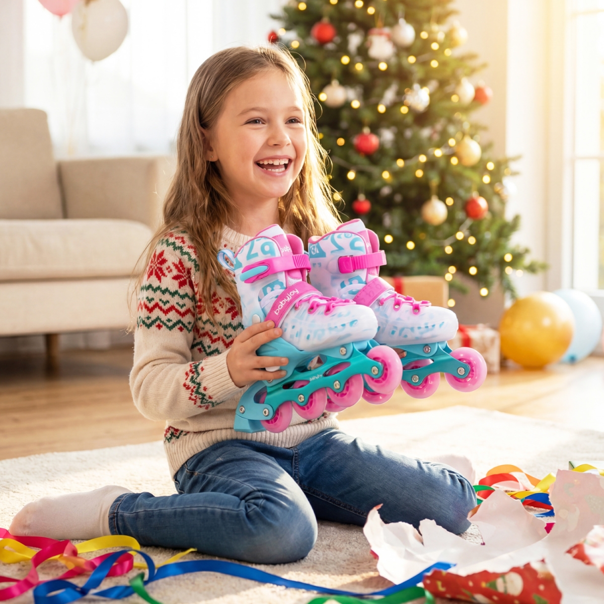 TS10379BP 4-Size Adjustable Illuminating Kids Inline Skates with Light Up Wheels - Blue & Pink