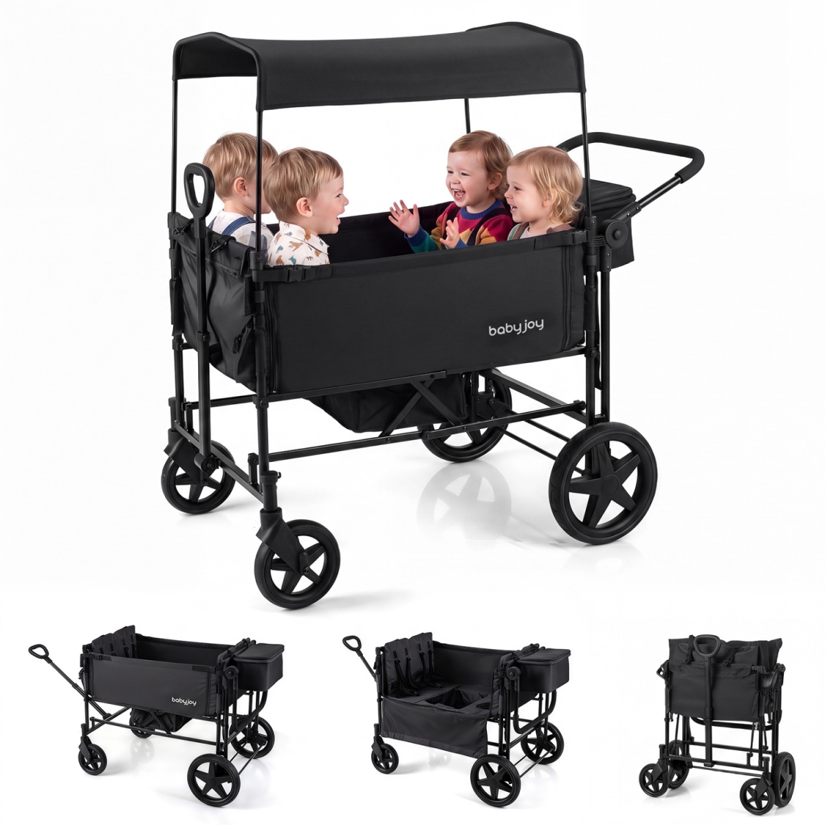 TS10436DK Foldable Wagon Stroller for 4 Kids with Removable Canopy & Adjustable Push - Black