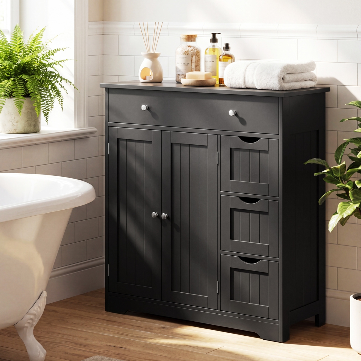 JV14204BK Bathroom Floor Cabinet with 4 Drawers with 2 Doors & Adjustable Shelf - Black