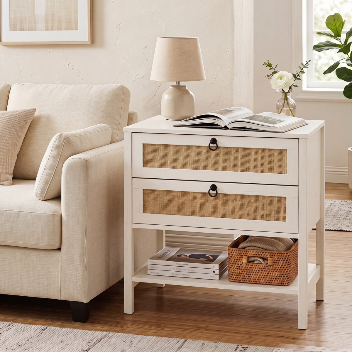 JV14215WH Boho Rattan Nightstand with 2 Drawers & Bottom Open Shelf - White