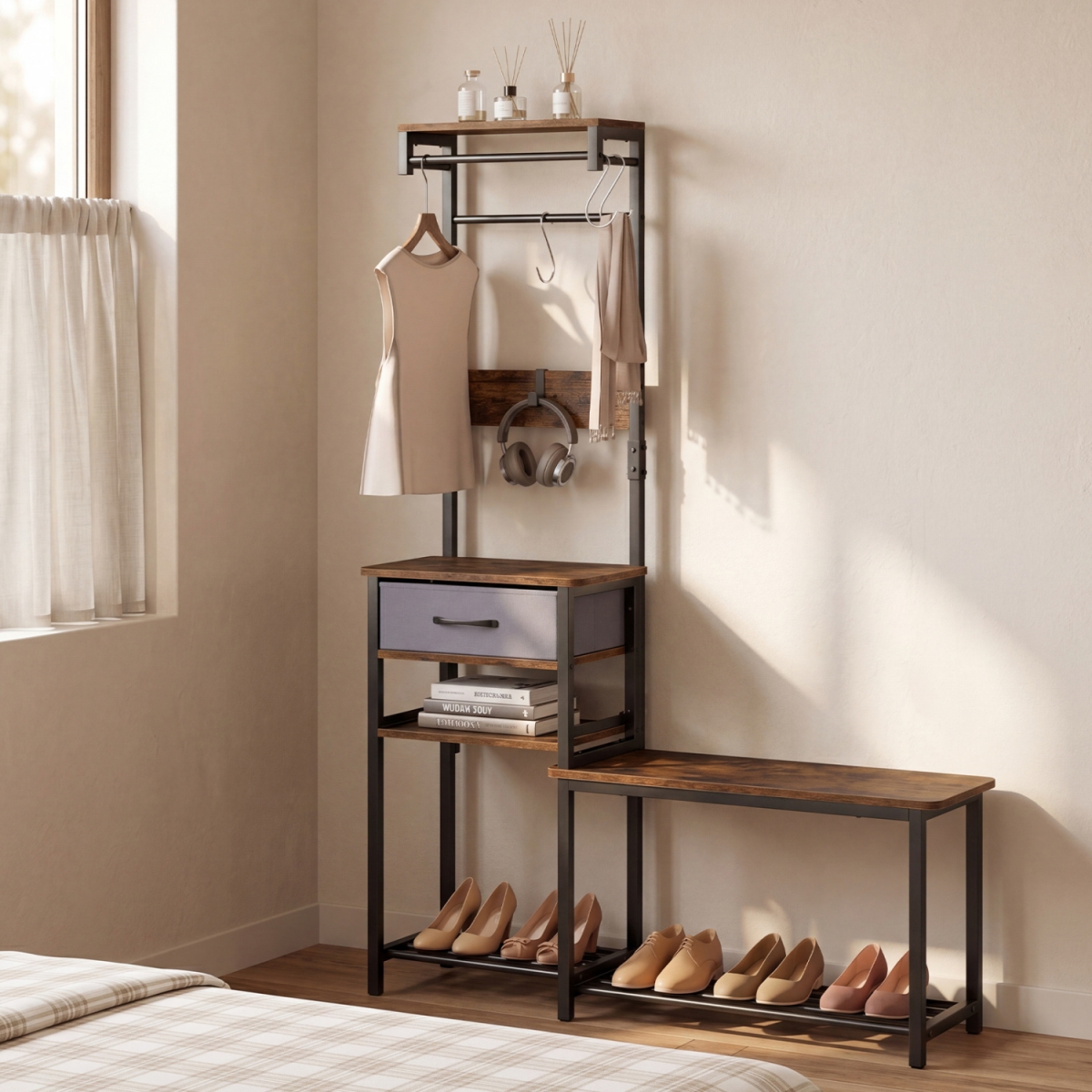 JV14251CF 7-in-1 Hall Tree with Shoe Bench & Hooks & Removable Drawer for Entryway - Rustic Brown