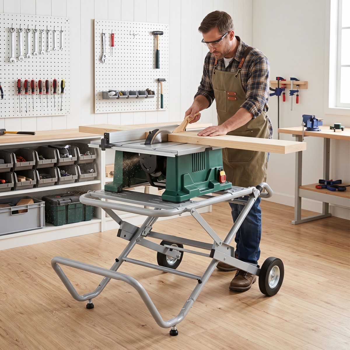 TH10122SL Portable Table Saw Stand Rolling Foldable Heavy Duty Metal Base with 8 in. Rubber Wheels - Silver