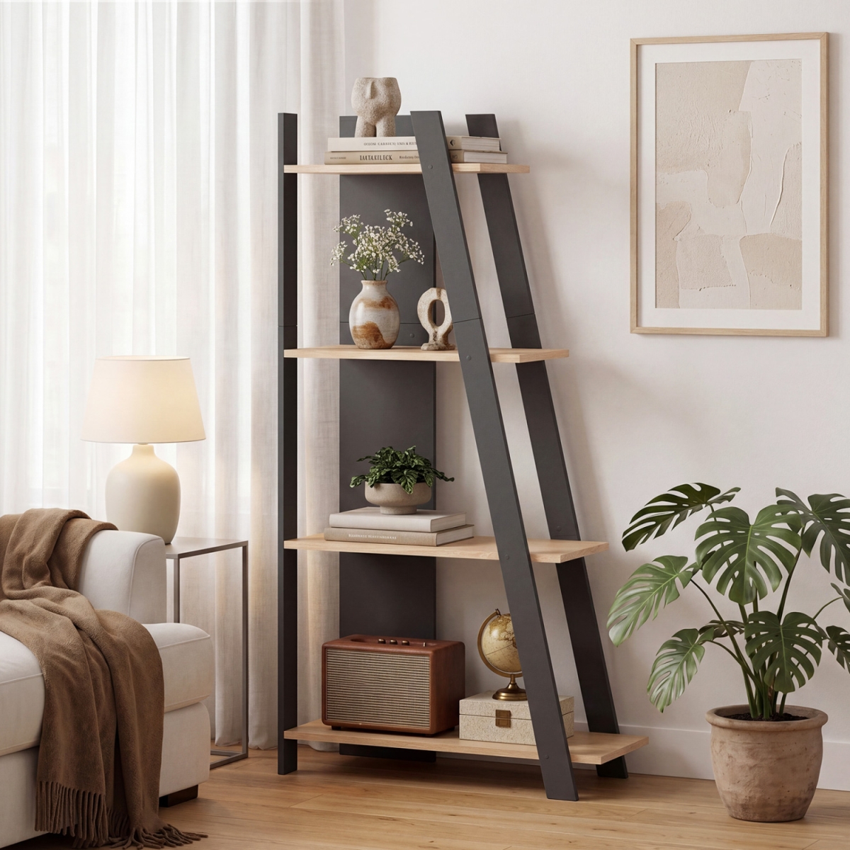 JV14447OA 4-Tier Modern Bookshelf Wooden Vertical Display Book Shelf for Small Space - Oak