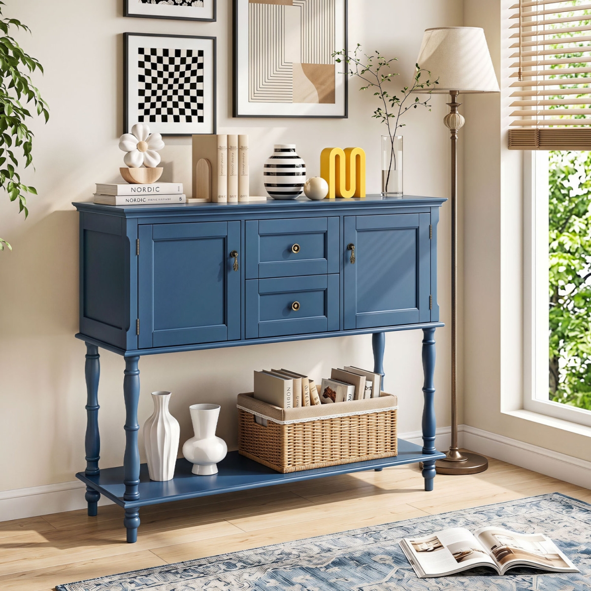 JV14449BL Console Table with 2 Drawers & 2 Door Cabinets & Bottom Storage Shelf - Blue