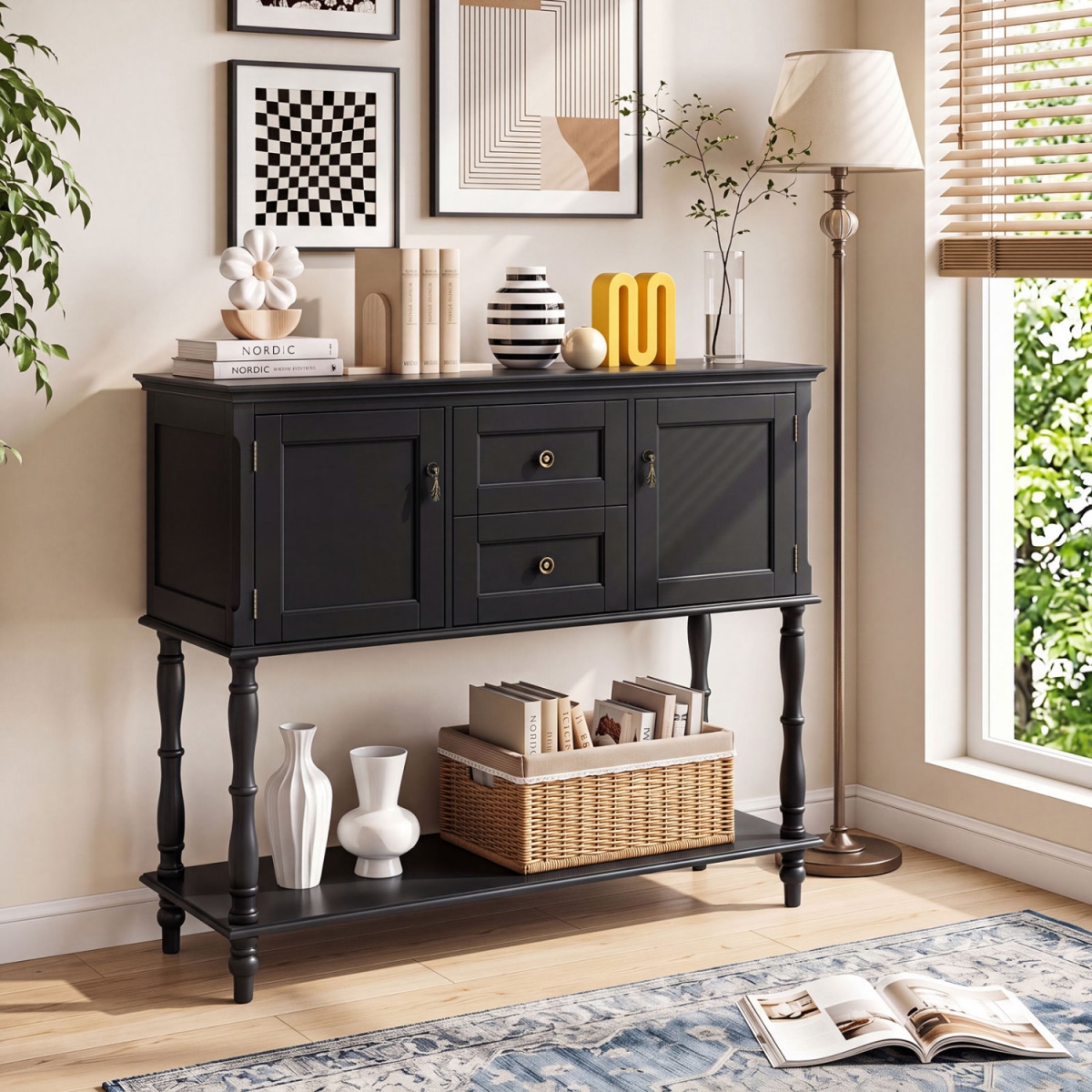 JV14449DK Console Table with 2 Drawers & 2 Door Cabinets & Bottom Storage Shelf - Black