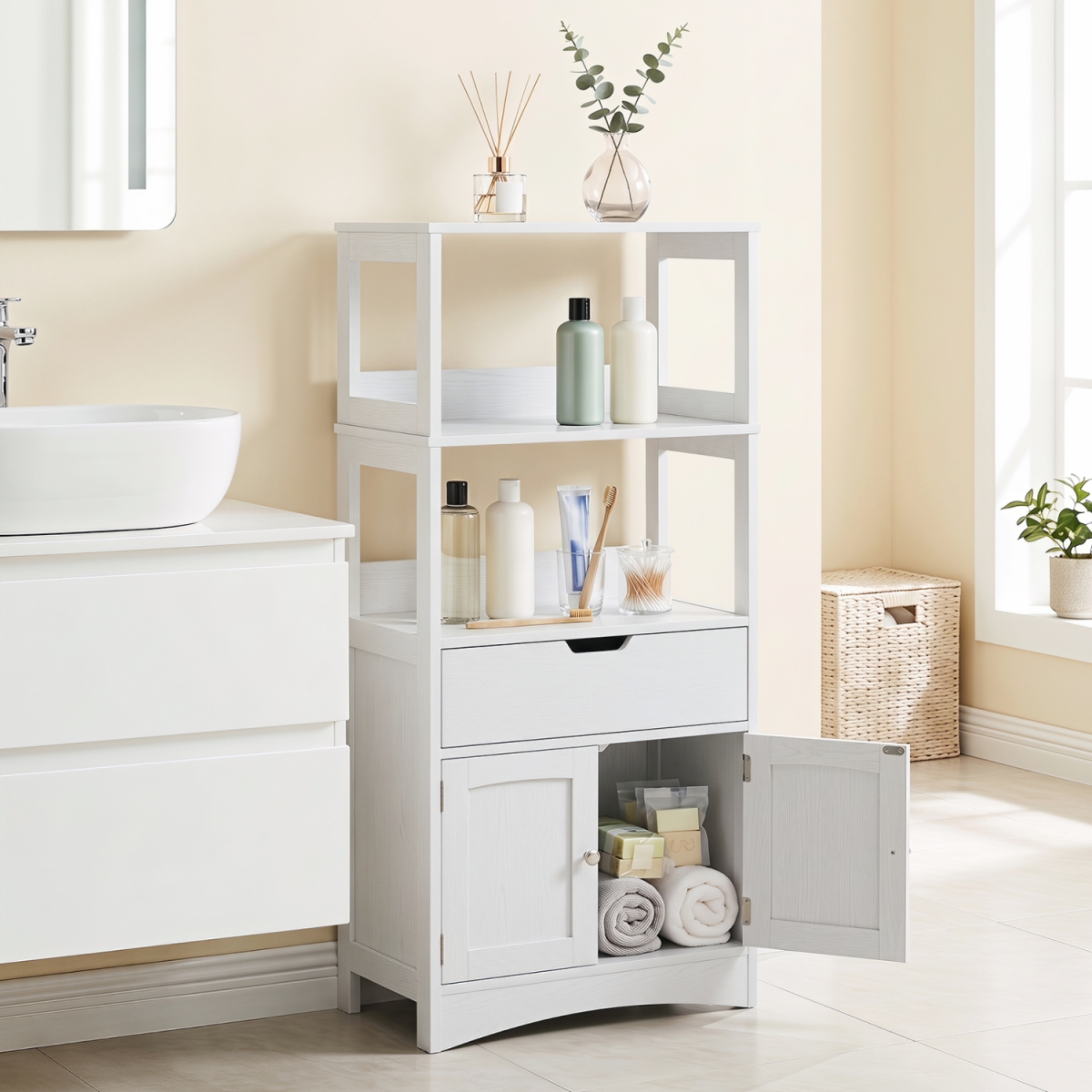 JV14478WH Bathroom Storage Cabinet with Open Shelves & Drawer - White