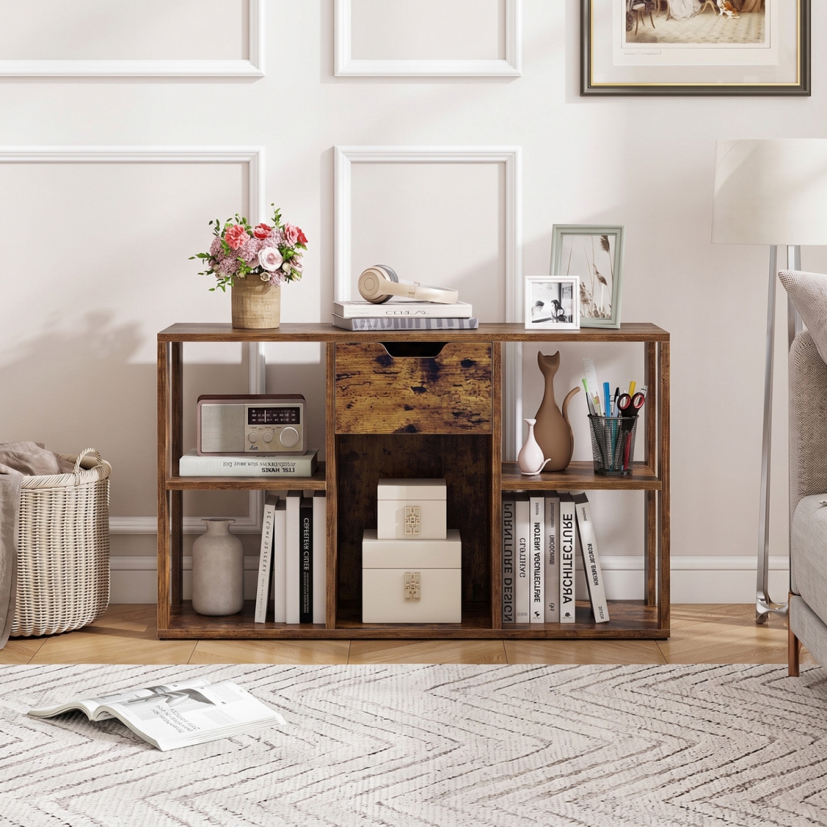 JV14568TY-CF 5-Cube Bookcase with Storage Drawer Freestanding Bookshelf Modern Display Rack - Rustic Brown