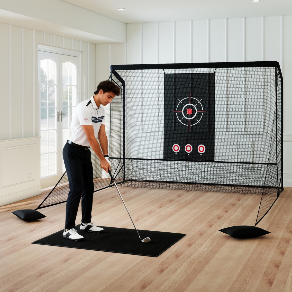 SP38449 Golf Practice Hitting Net Golf Cage with Dual Side Barriers Target Cloth Metal Frame - Black