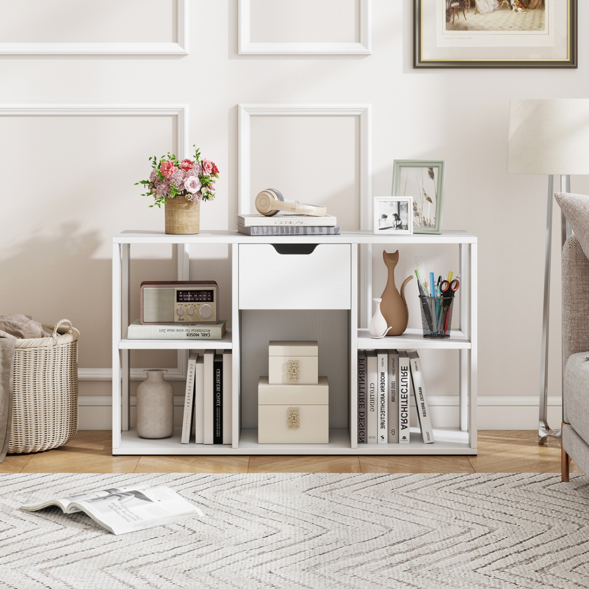 JV14568TY-WH 5-Cube Bookcase with Storage Drawer Freestanding Bookshelf Modern Display Rack - White